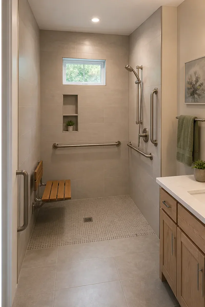 Illustrative accessible shower with grab bars, seat, and handheld fixture