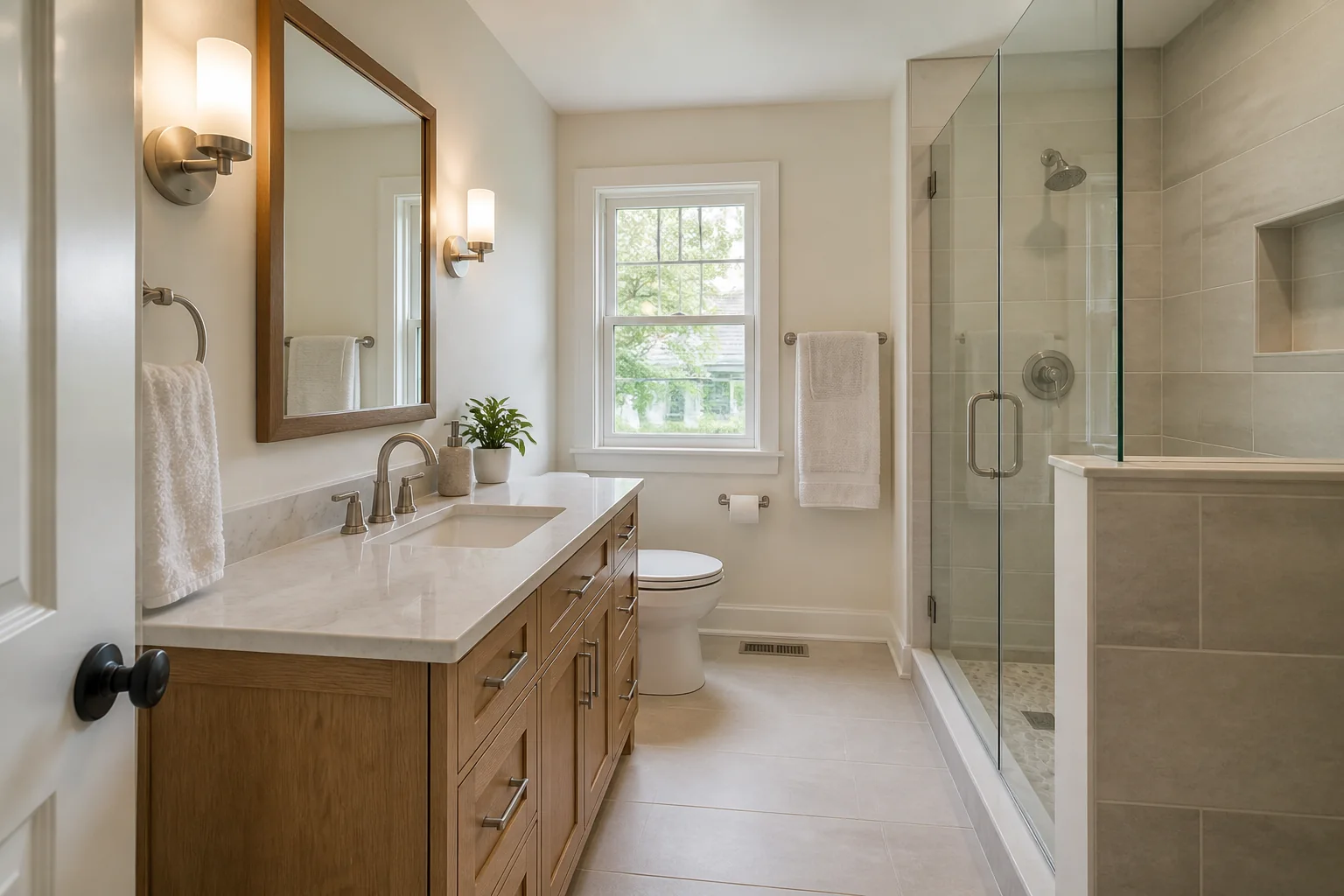 Illustrative complete bathroom renovation with oak vanity and tiled shower