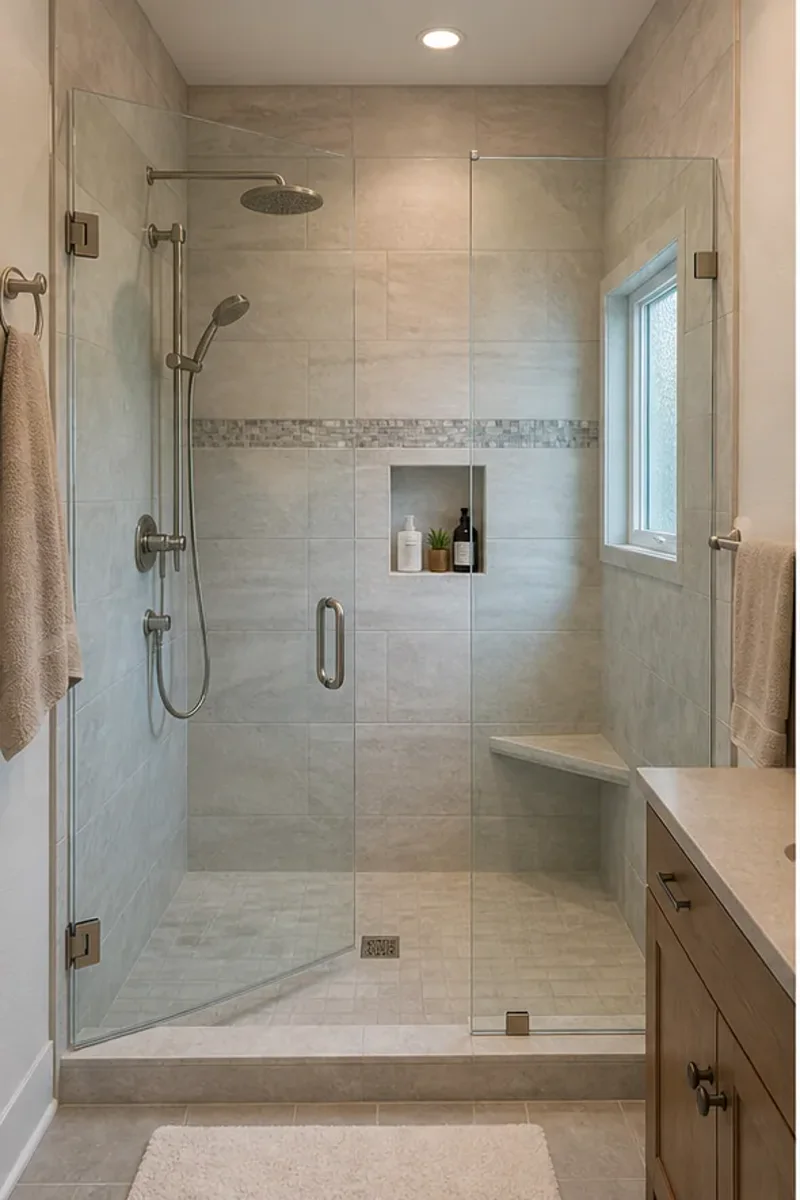 Illustrative walk-in shower with glass enclosure and porcelain tile